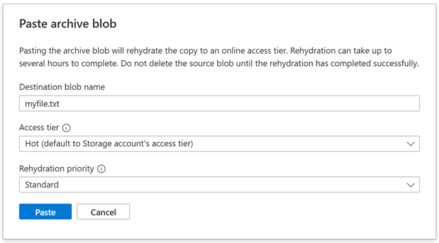 Screenshot of the paste archive blob dialog box.