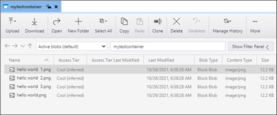 Skärmbild som visar hur du visar blobar i en container i Microsoft Azure Storage Explorer