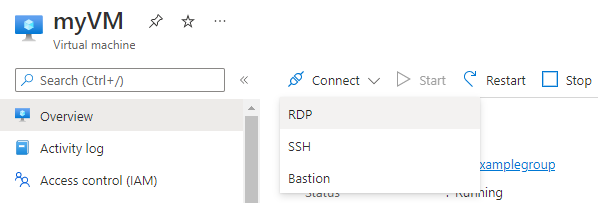 Skärmbild som visar knappen Anslut på Azure Portal med R D P markerat.