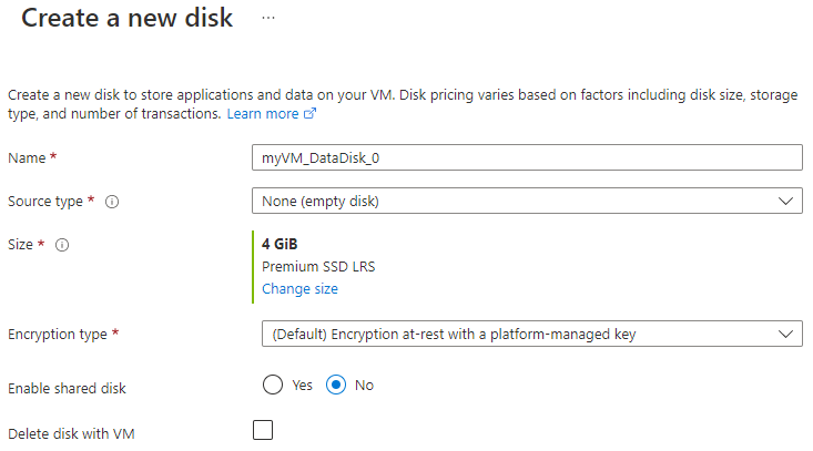 Skärmbild som visar hur du skapar en ny datadisk för din V M.