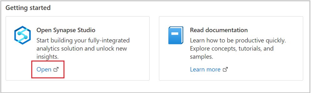 Skärmbild från Synapse Studio som visar länken Öppna Synapse Studio och Öppna.