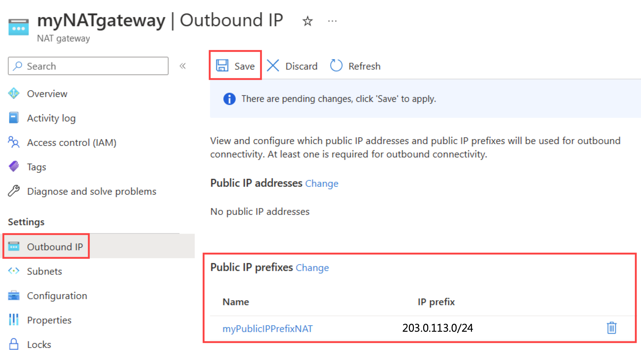 Skärmbild av konfigurationssidan för UTgående IP-adress för NAT-gateway som visar det nya offentliga IP-prefixet.