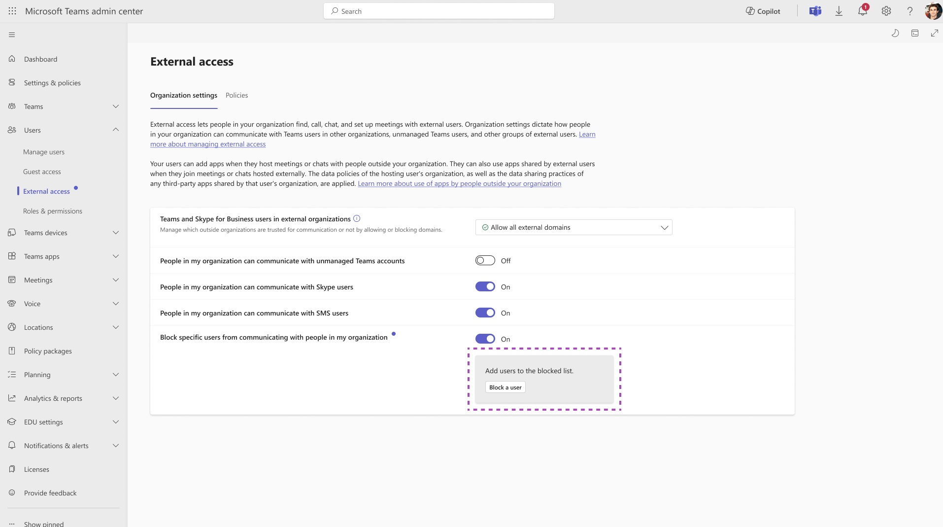 A screenshot of the External Users page that shows the settings for this page.