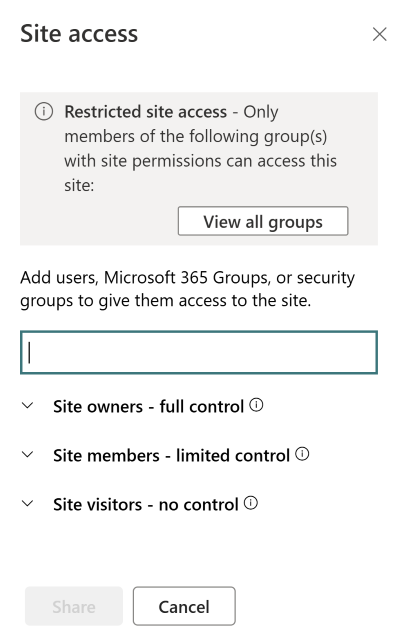 screenshot of site access panel for restricted access control.