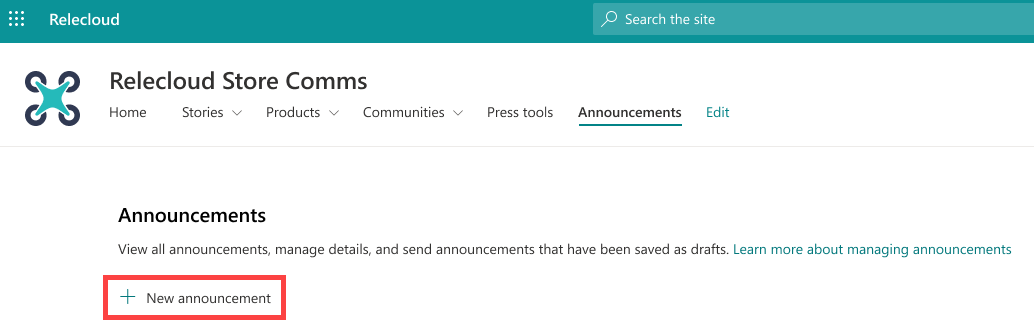 Screenshot of the new announcement button highlighted.