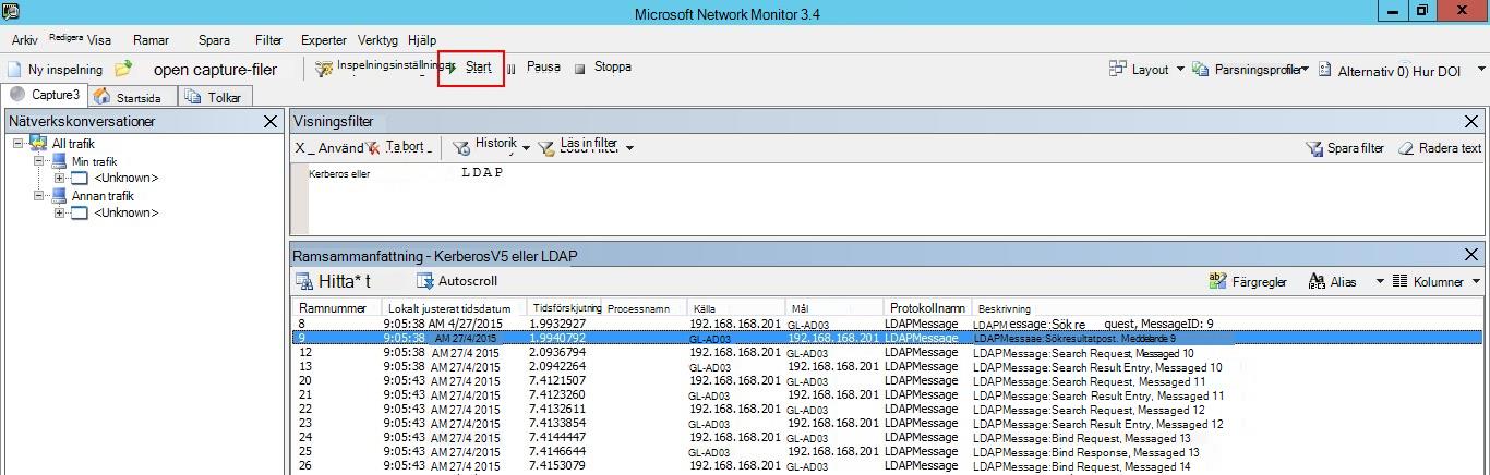 Skärmbild av dialogrutan Microsoft Network Monitor med knappen Start som visas.