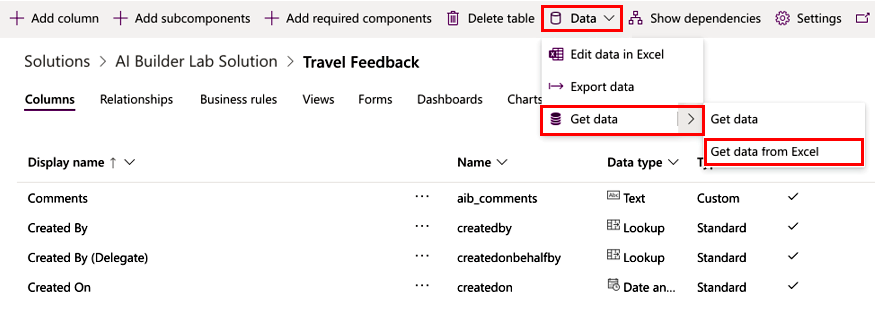 Skärmbild av skärmen Resefeedback med importalternativ för att hämta data från Excel.