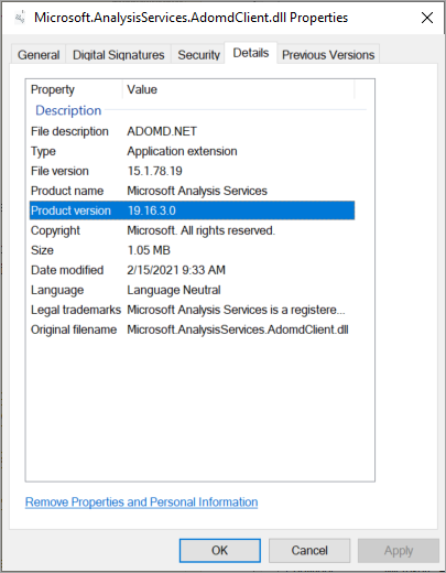 ADOMD Client library details dialog