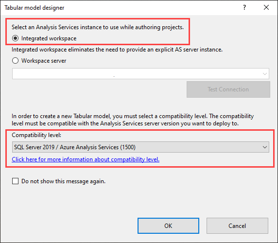 Screenshot of the Tabular model designer dialog box with the Integrated workspace option and Compatibility level drop-down list called out.