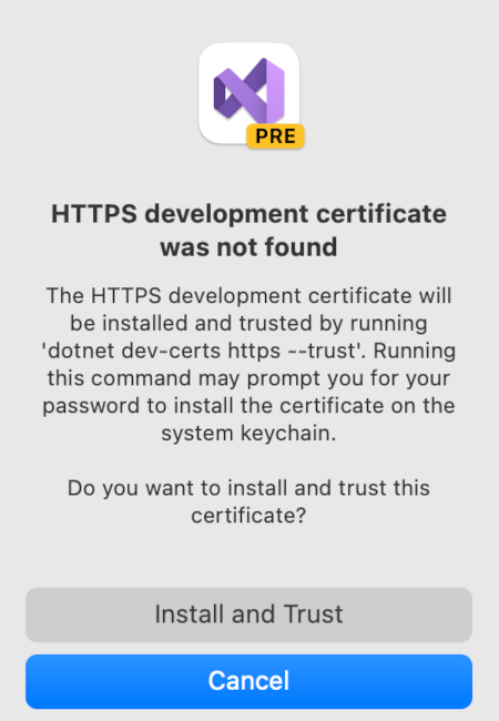 HTTPS Development-certifikatet hittades inte. Vill du installera och lita på certifikatet?