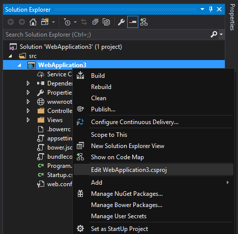 Alternativet Redigera CSPROJ-snabbmeny i Visual Studio 2017