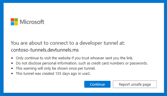 Dev tunnels notification page.