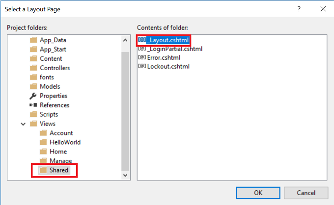 Screenshot that shows the Select a Layout Page. The Shared subfolder is open and Layout dot c s h t m l is selected.