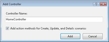 Screenshot of Add Controller box, which shows  Home Controller entered and the add action box checked.