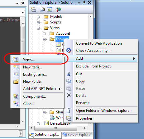 Screenshot of the Solution Explorer navigation tree. Dinner is highlighted. Add and View are selected. View is highlighted.