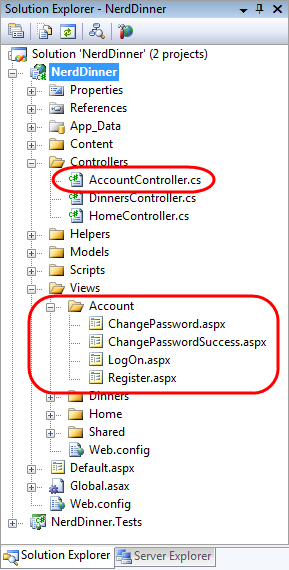 Screenshot of the Nerd Dinner navigation tree. Account Controller dot c s is highlighted. The Account Folder and menu items are also highlighted.