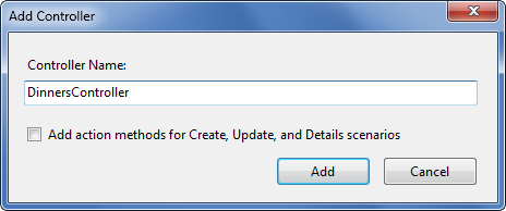 Screenshot of the Add Controller dialog showing the Controller Name field filled with the text Dinners Controller.