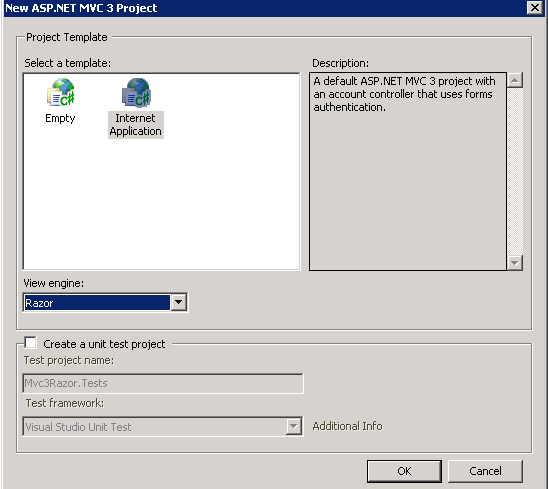 New ASP.NET MVC 3 Project dialog