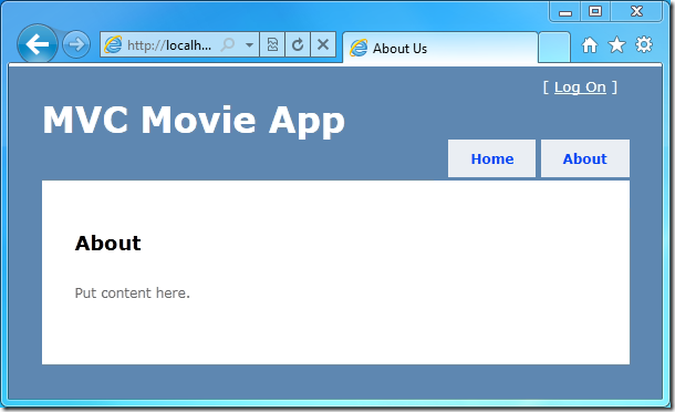 Screenshot that shows the About page in the M V C Movie App.