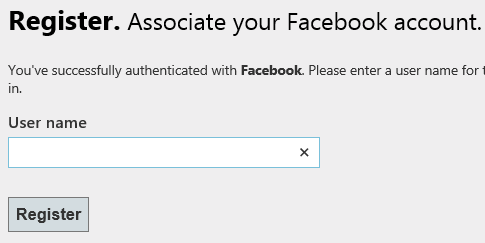 Screenshot shows a Register page where you can associate your Facebook account with this app.