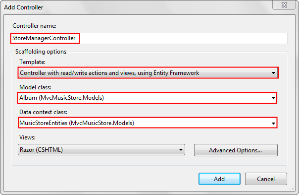 Image of Solution Explorer Add Controller dialog box