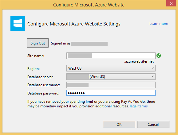 Screenshot that shows the Configure Microsoft Azure Website dialog box. A sample database password is entered.