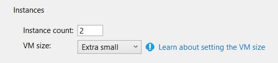 Screenshot of the Configuration Tab's Instances section, showing a 2 entered into the Instance count field and the V M Size field set to Extra Small.