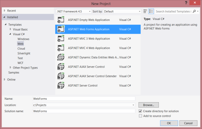 Screenshot of the new project template pane, showing the available menu options for creating the new web A S P dot NET application form.