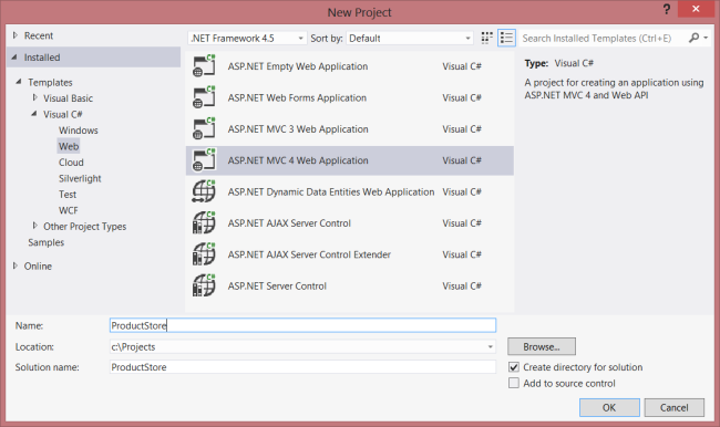 Screenshot of the new project window, showing the menu options and highlighting the path to create an A S P dot NET M V C 4 Web Application.