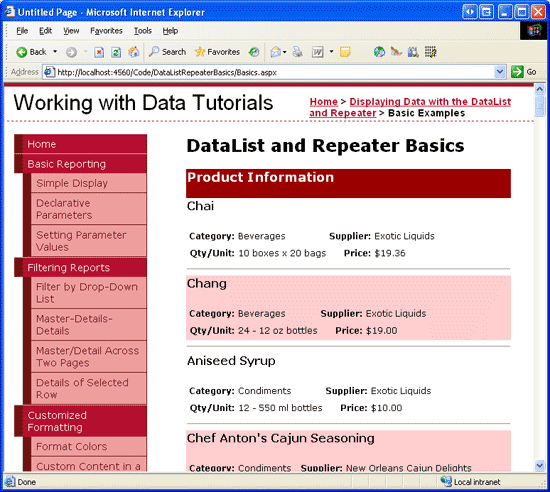 The DataList Includes a Header Row and a Horizontal Rule Between Each Product Listing