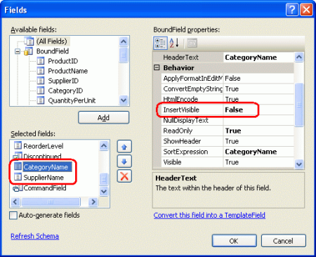 Screenshot showing the Fields window with the InsertVisible property set to False.