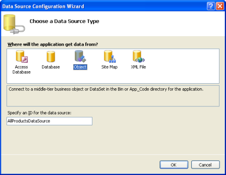 Create an ObjectDataSource Named AllProductsDataSource