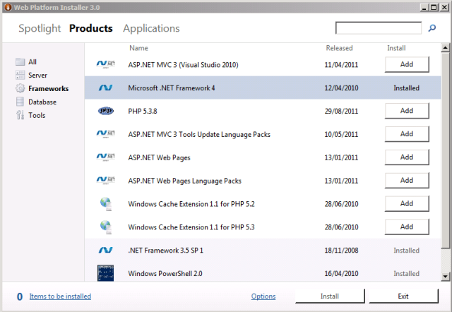 If a product or component is already installed, the Web Platform Installer will indicate this by replacing the Add button with the text Installed.