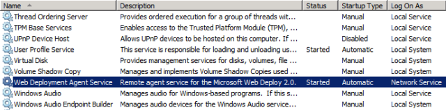 In the Services console, locate the Web Deployment Agent Service row.