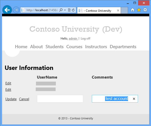 Screenshot showing the UserInfo page displaying the UserName test and the Comment Tom's test account.