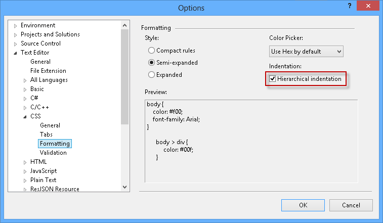 Enabling hierarchical indentation