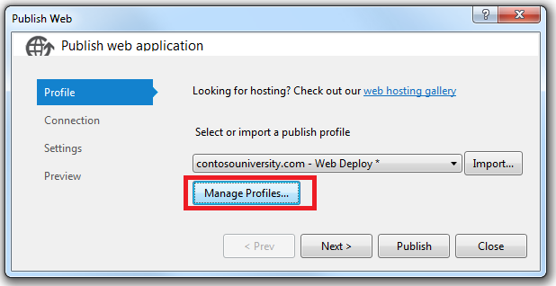 Publish Web wizard Manage Profiles