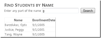 Screenshot of the Internet Explorer window, which shows the Find Students by Name view with the letter g entered into the search query.