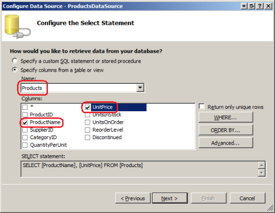 Return the ProductName and UnitPrice Fields from the Products Table