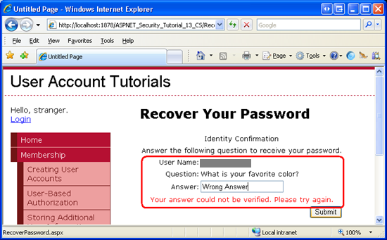 An Error Message is Displayed if the User Enters an Invalid Security Answer