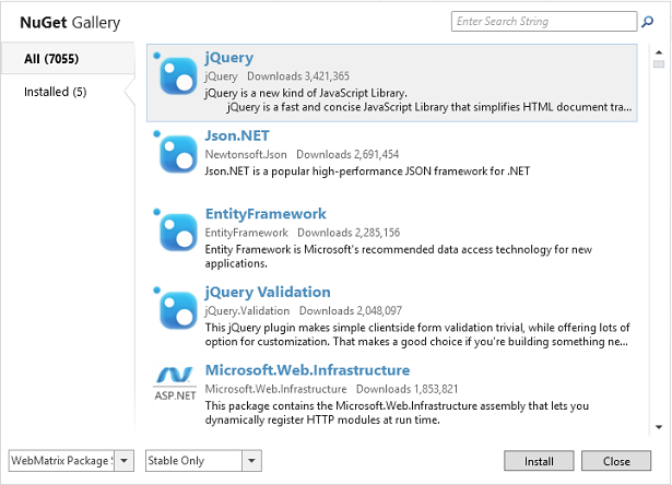 Screenshot of the Nu Get Gallery dialog box in Web Matrix showing a list of available packages to install.