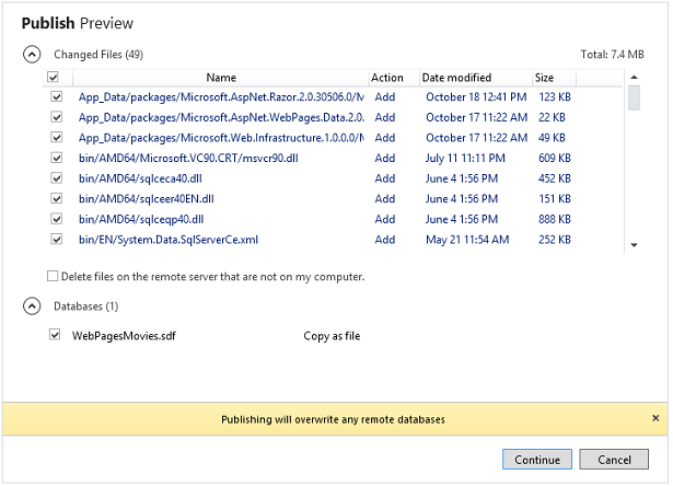 Screenshot of the Publish Preview window showing all of the files and databases in a list with checkboxes corresponding to each item.