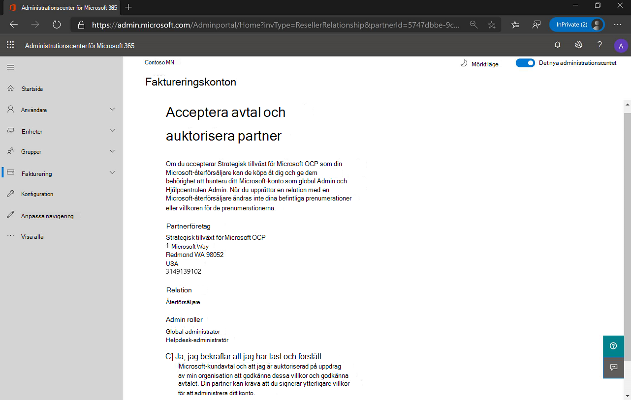 Skärmbild av sidan Acceptera avtal och auktorisera partner – delegerade administratörsrättigheter.