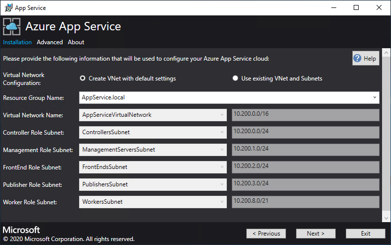 Skärmbild som visar skärmen där du konfigurerar ditt virtuella nätverk i Installationsprogrammet för App Service.