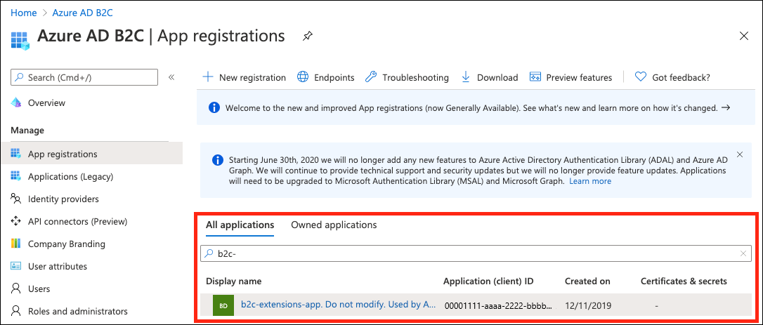 Skärmbild av visningsnamn, program-ID och skapandedatum under Appregistreringar.