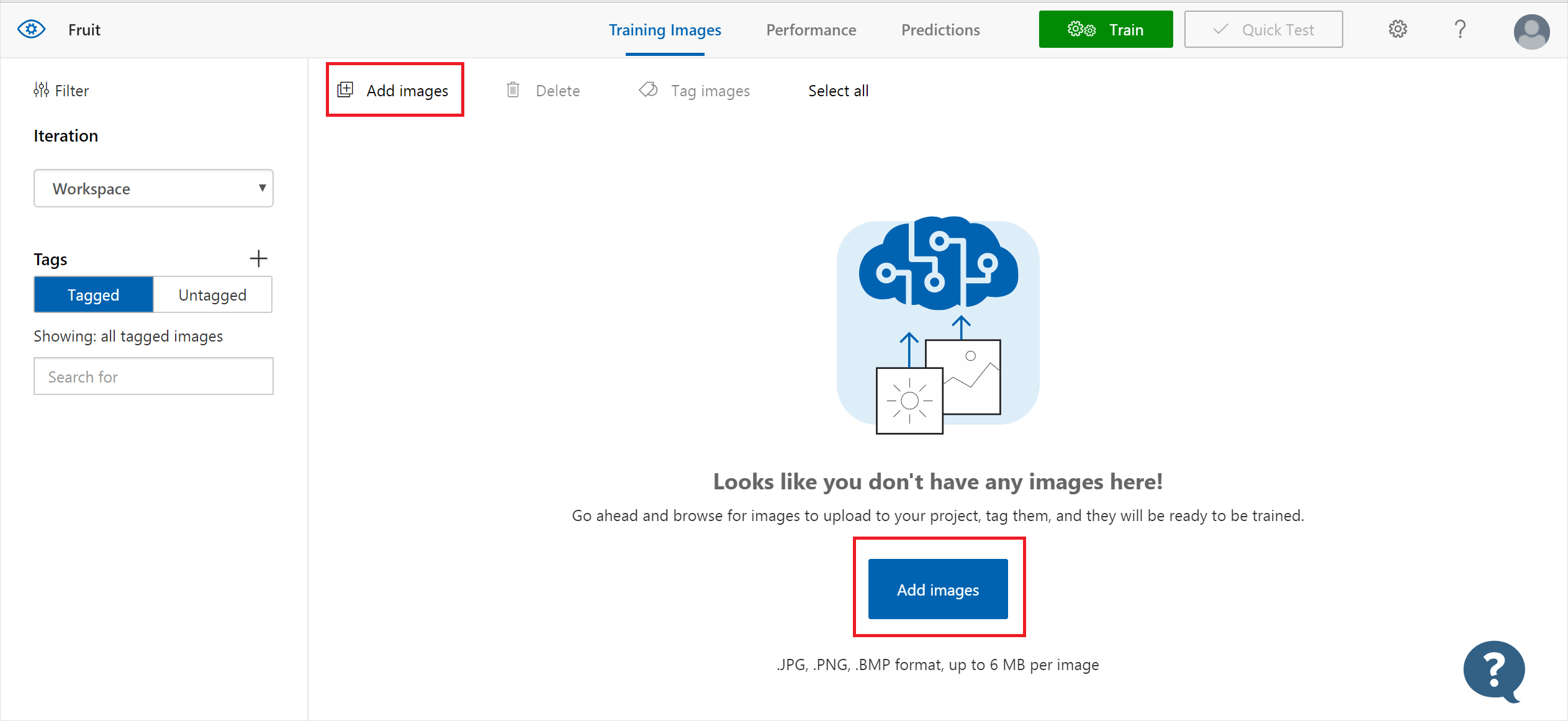 Skärmbild av kontrollen Lägg till bilder visas i det övre vänstra hörnet och som en knapp längst ned i mitten.