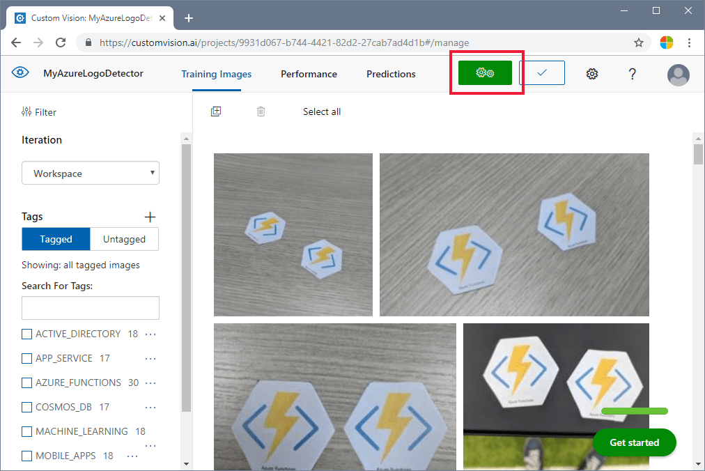 Custom Vision-webbplatsen på fliken Träningsbilder. I den här skärmbilden visas knappen Träna