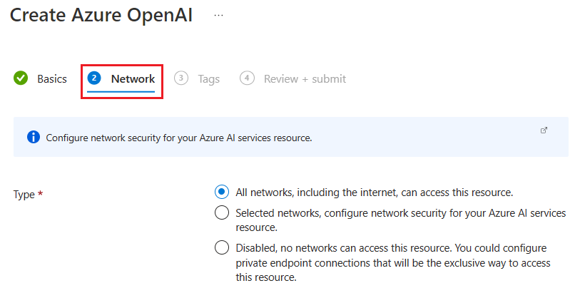 Skärmbild som visar nätverkssäkerhetsalternativen för en Azure OpenAI-resurs i Azure Portal.