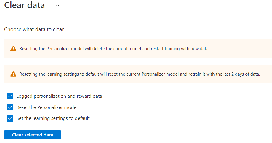 I Azure Portal rensar du data från Personalizer-resursen.