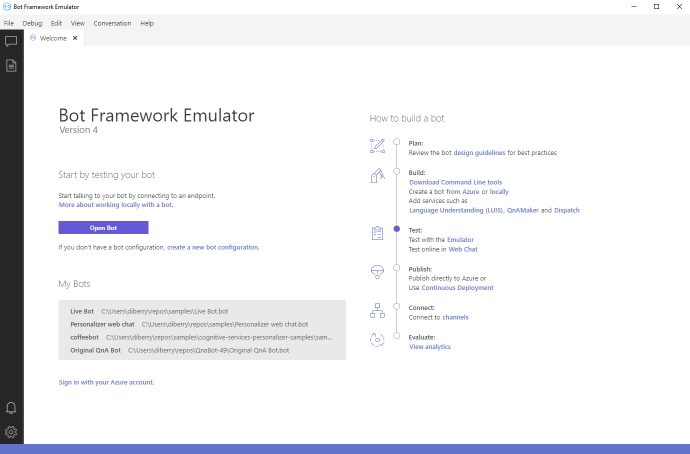 Skärmbild av startskärmen för Bot Framework-emulatorn.